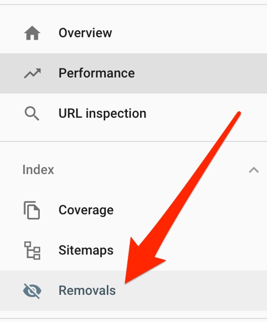 Highlighting 'Removals' option in Google Search Console