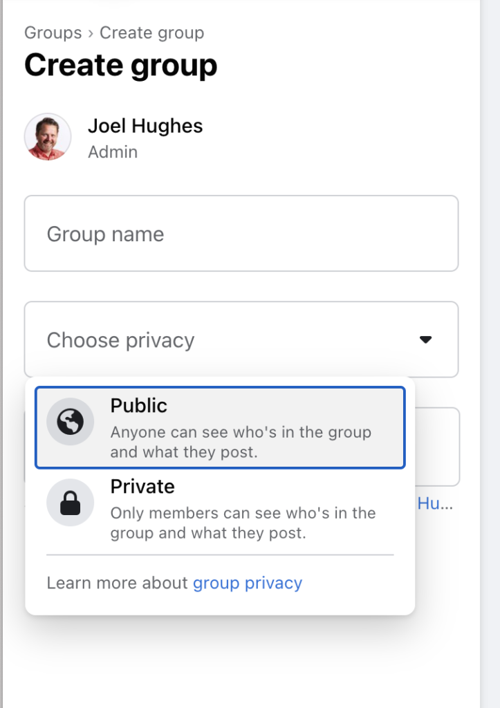 Fig 1 - Creating a Facebook Group (as of Jan 2021)