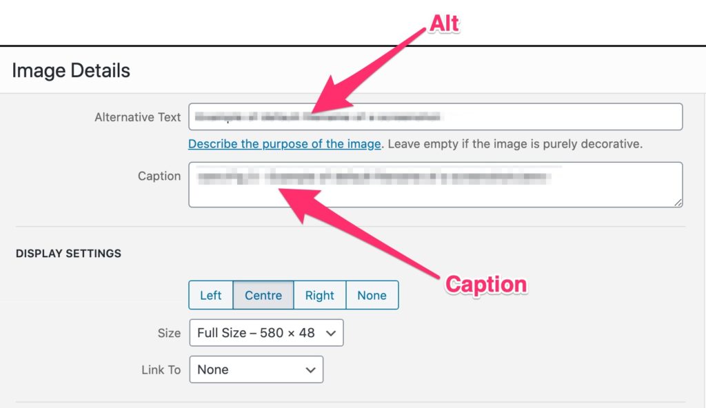 Screenshot of WordPress Image Details panel highlighting the ALT and CAPTION fields