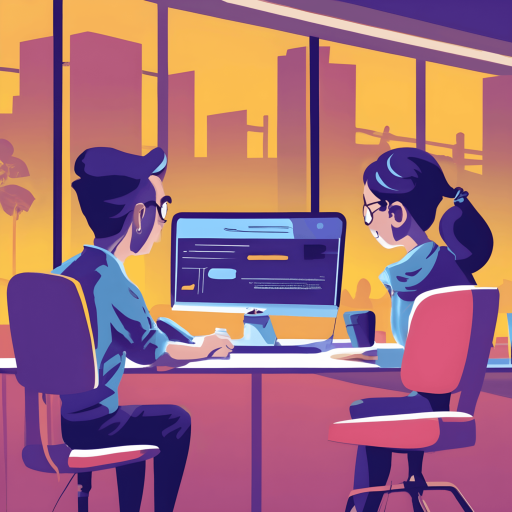 Digital art of two people looking at a computer screen.