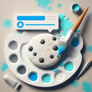 A white artist’s palette with various shades of blue and gray paint splatters, and a paintbrush painting a simplified, abstract cookie popup (non-textual), symbolizing customization of the popup.